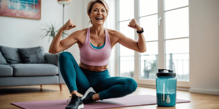Vrouw van 50+ traint met gewichten in een lichte ruimte met een creatinesupplement erbij – symbool voor spierkracht, vitaliteit en hersengezondheid tijdens de overgang.