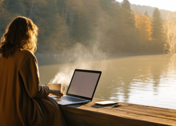 Een vrouw van 40+ met een laptop of notitieboek in de natuur of in een koffietentje – relaxed en in reflectie