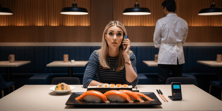Vrouw zit alleen aan een tafel in een sushi-restaurant met een grote schaal sushi voor zich. Ze kijkt verbaasd naar haar telefoon terwijl de stoel tegenover haar leeg blijft. Een bericht op haar scherm vermeldt een smoes over een ex met een hond.
