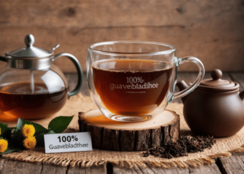 Glas warme guavebladthee met gedroogde guavebladeren ernaast op een houten ondergrond – een natuurlijke remedie boordevol gezondheidsvoordelen.