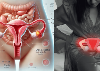 "Medische illustratie van endometriose waarbij baarmoederslijmvlies buiten de baarmoeder groeit bij vrouwen"