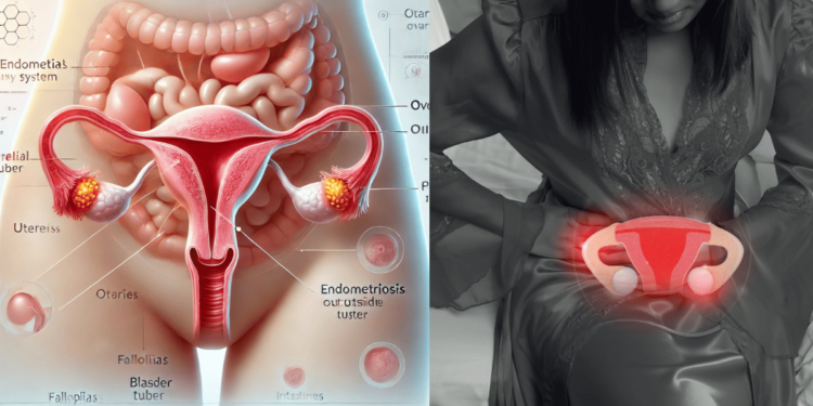 "Medische illustratie van endometriose waarbij baarmoederslijmvlies buiten de baarmoeder groeit bij vrouwen"