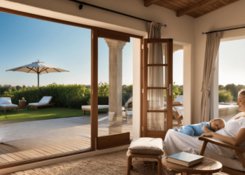 Nacht-nanny zorgt rustig voor een slapende baby in een vakantiehuis terwijl de ouders ontspannen op het terras zitten. De sfeer is ontspannen en liefdevol, met aandacht voor rust, zorg en ouderlijk welzijn