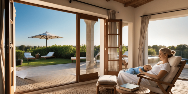 Nacht-nanny zorgt rustig voor een slapende baby in een vakantiehuis terwijl de ouders ontspannen op het terras zitten. De sfeer is ontspannen en liefdevol, met aandacht voor rust, zorg en ouderlijk welzijn