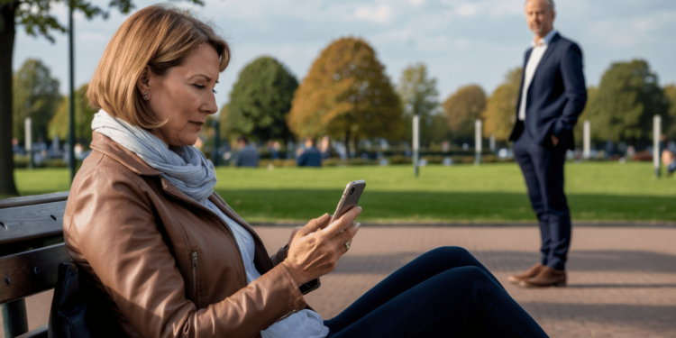Vrouw van middelbare leeftijd zit op een parkbank in Maximapark en kijkt ongemakkelijk naar haar smartphone terwijl ze meerdere opdringerige berichten ontvangt. Op de achtergrond staat een man op afstand die haar nauwlettend observeert.