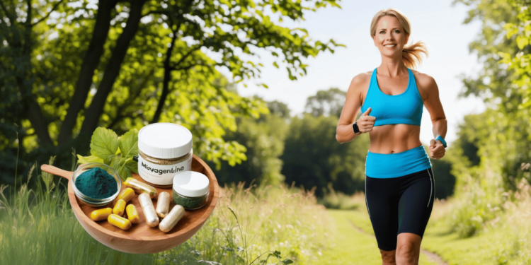 Vrouw-40+-hardlopen-natuur- mandje-potjes-supplementen.