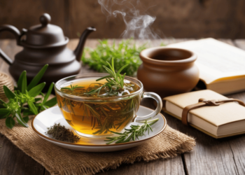 Kop rozemarijnthee met verse rozemarijn op een houten tafel, omringd door een honingpotje en zacht ochtendlicht – symbool voor natuurlijke gezondheid en dagelijkse zelfzorg.