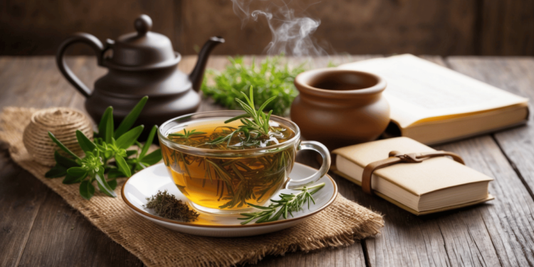 Kop rozemarijnthee met verse rozemarijn op een houten tafel, omringd door een honingpotje en zacht ochtendlicht – symbool voor natuurlijke gezondheid en dagelijkse zelfzorg.