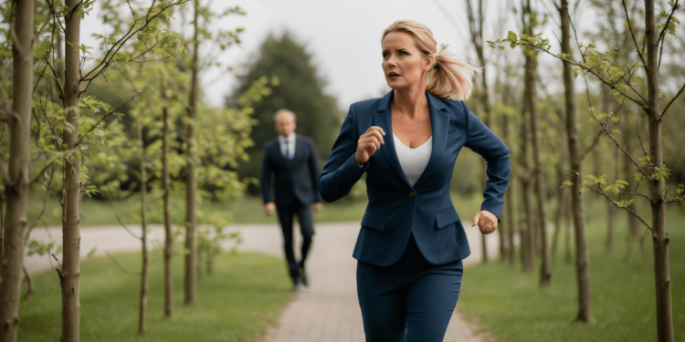 Vrouw loopt alleen door een donker bos tijdens de schemering, kijkt gespannen om zich heen terwijl in de achtergrond vaag de schaduw van een man tussen de bomen zichtbaar is – een sfeer van spanning en ongemak tijdens een date.