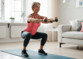 Vrouw van 50+ voert krachttraining uit in een rustige thuisomgeving – versterkt spieren, verbetert balans en ondersteunt gezondheid tijdens de overgang.