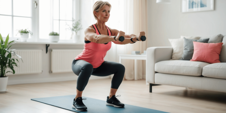 Vrouw van 50+ voert krachttraining uit in een rustige thuisomgeving – versterkt spieren, verbetert balans en ondersteunt gezondheid tijdens de overgang.