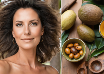 Vrouw van middelbare leeftijd met gezond, glanzend haar en enkele grijze lokken in natuurlijk zonlicht, met gember en kokosolie op de achtergrond – symbool voor natuurlijke haarverzorging tegen grijs haar.