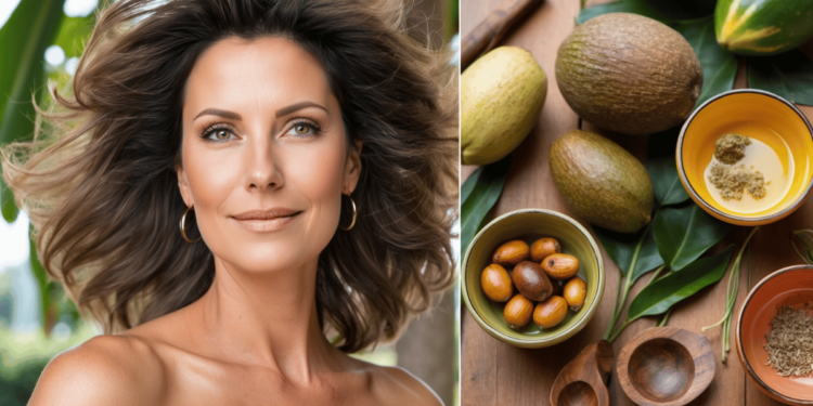 Vrouw van middelbare leeftijd met gezond, glanzend haar en enkele grijze lokken in natuurlijk zonlicht, met gember en kokosolie op de achtergrond – symbool voor natuurlijke haarverzorging tegen grijs haar.