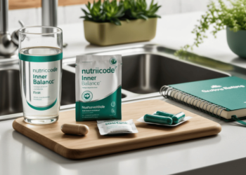 Glas met opgeloste Nutricode Inner Balance, een sachet en nacht-capsules op een rustieke keukentafel bij ochtendlicht, omgeven door een plant, waterkaraf en notitieboekje – symbool voor een gezonde en gebalanceerde ochtendroutine.