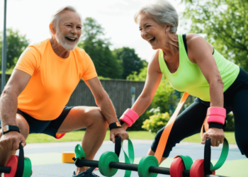 Een fitte man van 81 en een vrouw van 82 doen samen krachttraining met gewichten en lachen vol energie – bewijs dat leeftijd geen excuus is om niet te bewegen.
