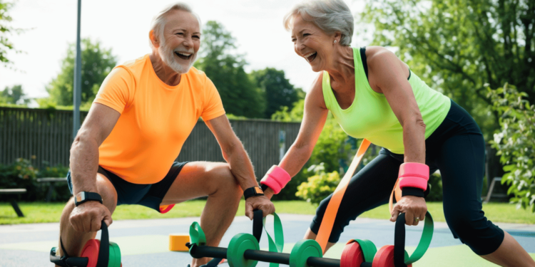 Een fitte man van 81 en een vrouw van 82 doen samen krachttraining met gewichten en lachen vol energie – bewijs dat leeftijd geen excuus is om niet te bewegen.