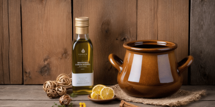 Klein schaaltje olijfolie naast een handvol kruidnagels op een houten ondergrond – een krachtig natuurlijk mengsel voor gezondheid en verzorging.