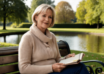 vrouw-60+-zittend-bankje-water-lezend-boek