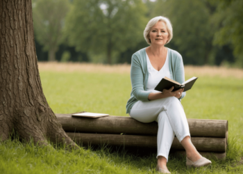 vrouw-60+-lezend-bosrand-bankje