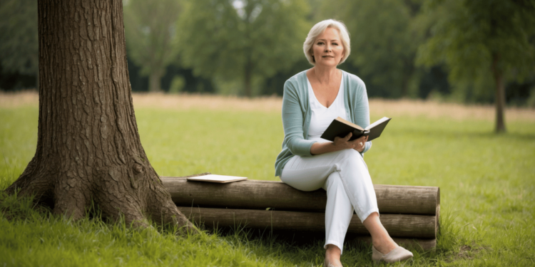 vrouw-60+-lezend-bosrand-bankje