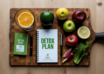 Vers groentesap met biologische groenten en fruit zoals spinazie, appel, gember en citroen op een houten aanrecht – ideale ingrediënten voor een detox.