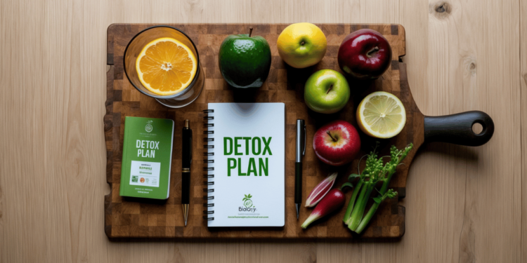 Vers groentesap met biologische groenten en fruit zoals spinazie, appel, gember en citroen op een houten aanrecht – ideale ingrediënten voor een detox.