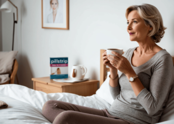 Vrouw van middelbare leeftijd kijkt nadenkend uit het raam met een kop thee, terwijl een strip met de anticonceptiepil op het nachtkastje ligt – symbool voor de overgang en hormonale veranderingen.