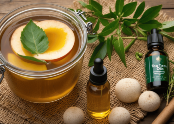 "Voet in een voetenbad met appelazijn, omringd door tea tree olie en knoflook – natuurlijke behandeling tegen kalknagels"