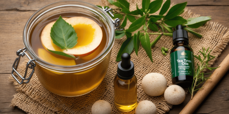 "Voet in een voetenbad met appelazijn, omringd door tea tree olie en knoflook – natuurlijke behandeling tegen kalknagels"