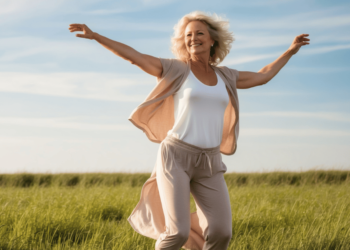"Vrouw van middelbare leeftijd straalt levensvreugde uit tijdens een dans in de natuur, symbool voor zelfliefde, vrijheid en de kracht van opnieuw beginnen op elke leeftijd."