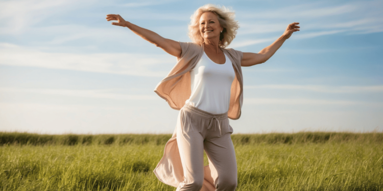 "Vrouw van middelbare leeftijd straalt levensvreugde uit tijdens een dans in de natuur, symbool voor zelfliefde, vrijheid en de kracht van opnieuw beginnen op elke leeftijd."