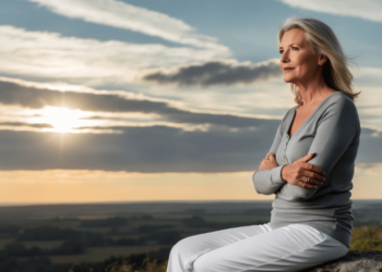 Een vrouw van rond de 45 tot 55 jaar oud staat op een klif of heuveltop bij zonsopgang of zonsondergang. Ze kijkt zelfverzekerd en vredig uit over een wijde, open horizon – symbool voor nieuwe levensfasen, innerlijke kracht en vrijheid. Ze draagt comfortabele, stijlvolle kleding, haar houding is open, haar gezicht straalt rust en vastberadenheid uit. De natuur om haar heen straalt kalmte en schoonheid uit – perfect voor het gevoel van “nieuw begin” en persoonlijke groei.