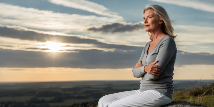 Een vrouw van rond de 45 tot 55 jaar oud staat op een klif of heuveltop bij zonsopgang of zonsondergang. Ze kijkt zelfverzekerd en vredig uit over een wijde, open horizon – symbool voor nieuwe levensfasen, innerlijke kracht en vrijheid. Ze draagt comfortabele, stijlvolle kleding, haar houding is open, haar gezicht straalt rust en vastberadenheid uit. De natuur om haar heen straalt kalmte en schoonheid uit – perfect voor het gevoel van “nieuw begin” en persoonlijke groei.