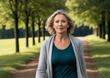 Een vrouw van rond de 40 tot 55 jaar oud die in de natuur wandelt, alleen, met een rustige en reflectieve blik. Ze loopt op een bospad of door een park in de herfst, symbool voor loslaten en verandering. Haar houding straalt innerlijke kracht en rust uit – alsof ze net een last heeft losgelaten, maar openstaat voor iets nieuws. De kleuren mogen warm en aards zijn, met zacht zonlicht dat door de bomen schijnt.