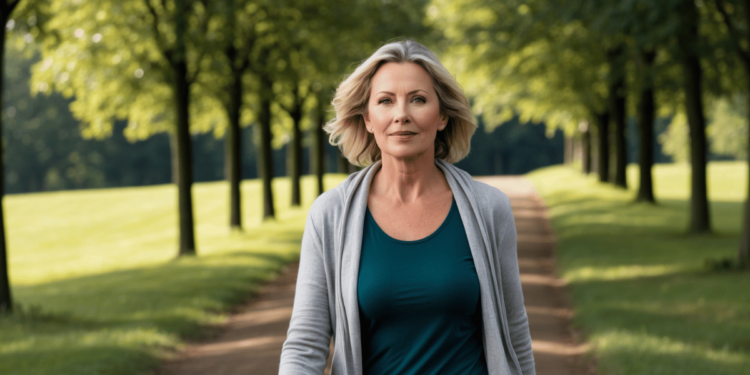 Een vrouw van rond de 40 tot 55 jaar oud die in de natuur wandelt, alleen, met een rustige en reflectieve blik. Ze loopt op een bospad of door een park in de herfst, symbool voor loslaten en verandering. Haar houding straalt innerlijke kracht en rust uit – alsof ze net een last heeft losgelaten, maar openstaat voor iets nieuws. De kleuren mogen warm en aards zijn, met zacht zonlicht dat door de bomen schijnt.