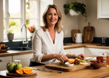 “Gezonde vrouw van 40+ eet verse dadels aan de keukentafel voor meer energie en vitaliteit.”