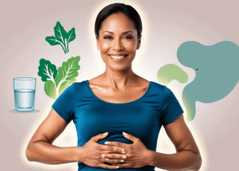 Vrouw van boven de 40 straalt gezondheid uit en legt haar handen op haar buik als symbool voor gezonde darmen en hormoonbalans, omringd door verse groenten en zachte kleuren.