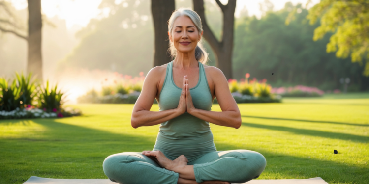 Vrouw in de overgang die buiten beweegt en geniet van een natuurlijke energieboost