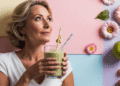 Stralende vrouw van 40+ met gezonde huid en kleurrijke smoothie, symbool voor de kracht van voeding tegen huidveroudering van binnenuit.
