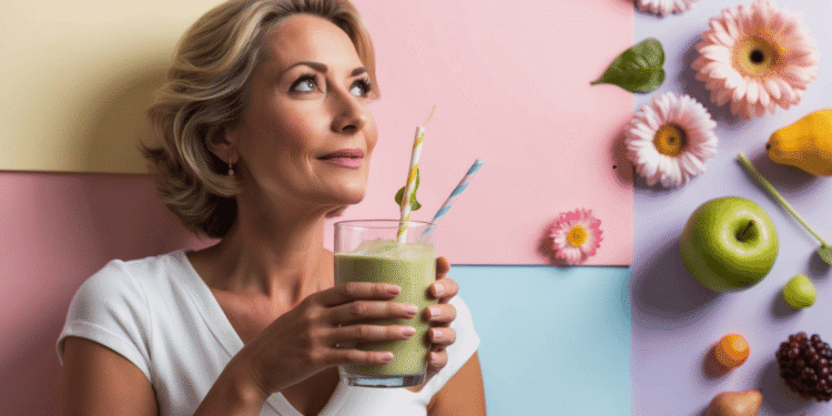 Stralende vrouw van 40+ met gezonde huid en kleurrijke smoothie, symbool voor de kracht van voeding tegen huidveroudering van binnenuit.