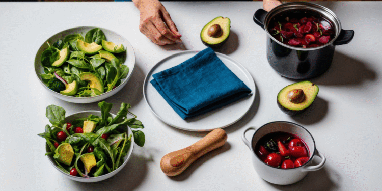 "Gezonde voedingsmiddelen zoals spinazie, avocado, bessen en noten op een keukentafel ter ondersteuning van hormonale balans en schildkliergezondheid"