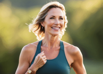 Vrouw van rond de 40 straalt gezondheid en zelfvertrouwen uit in een natuurlijke omgeving – symbool voor vitaliteit en balans na je 40e.