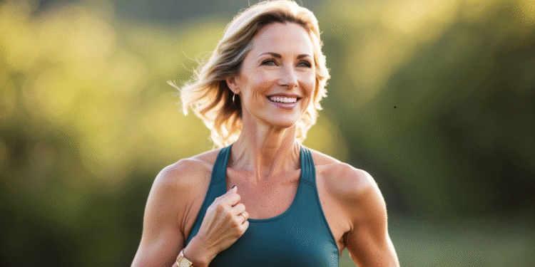Vrouw van rond de 40 straalt gezondheid en zelfvertrouwen uit in een natuurlijke omgeving – symbool voor vitaliteit en balans na je 40e.