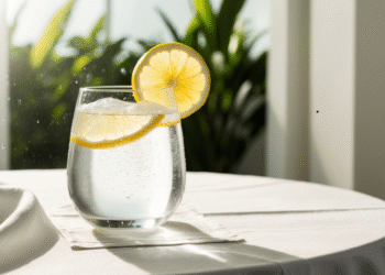Glas verfrissend magnesiumwater met citroen op tafel in natuurlijk zonlicht – symbool voor hydratatie, gezondheid en vitaliteit voor vrouwen 40+.