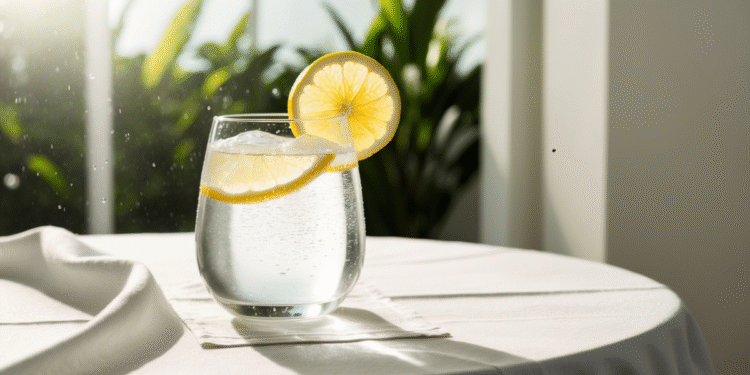 Glas verfrissend magnesiumwater met citroen op tafel in natuurlijk zonlicht – symbool voor hydratatie, gezondheid en vitaliteit voor vrouwen 40+.