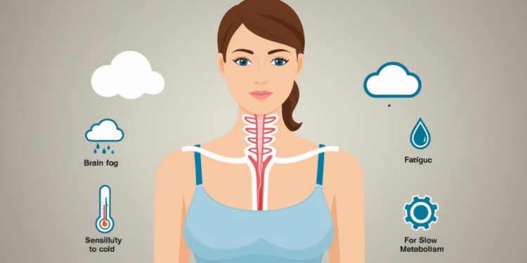 "Grafische illustratie van het vrouwelijk lichaam met focus op de hals (schildklier), met pictogrammen van klachten zoals een wolk bij het hoofd (brain fog), thermometer (kou), zweetdruppel (vermoeidheid) en tandwiel (traag metabolisme)"