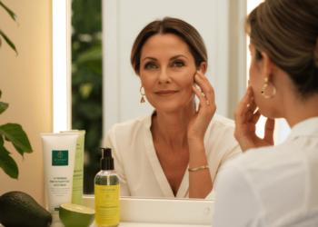 Vrouw van 50 bekijkt haar huid in de spiegel, omringd door natuurlijke verzorgingsproducten en gezonde voeding als ondersteuning bij hormonale huidveranderingen.