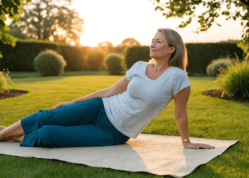 Vrouw van 40+ geniet ontspannen in de natuur als symbool voor natuurlijke hormoonbalans en innerlijke rust