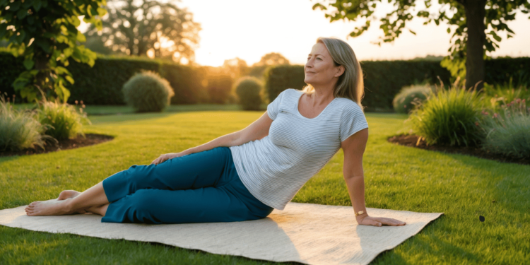 Vrouw van 40+ geniet ontspannen in de natuur als symbool voor natuurlijke hormoonbalans en innerlijke rust