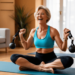 “Vrouw van 75 doet thuis een workout met TRX-banden en straalt gezondheid, energie en zelfvertrouwen uit.”